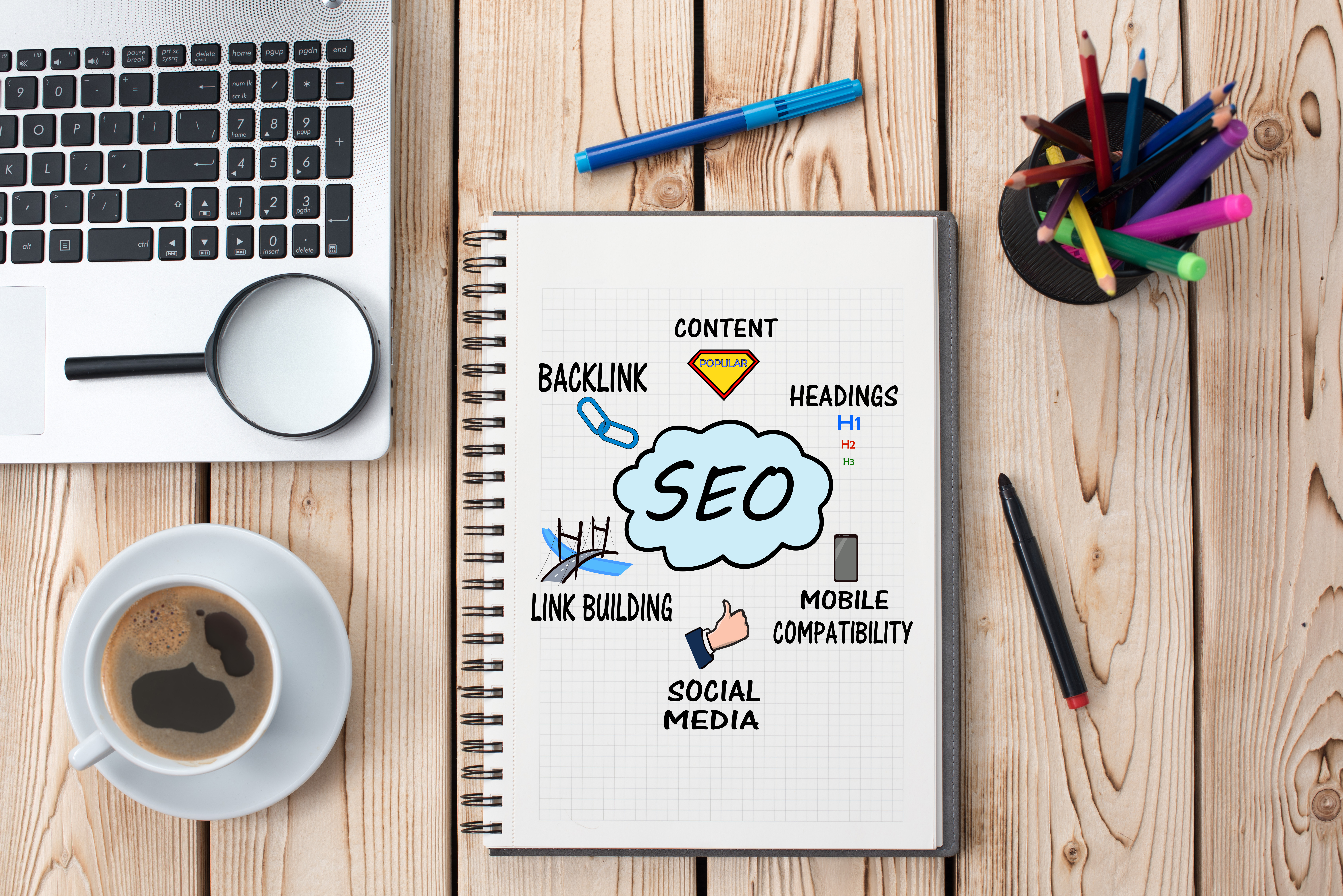 A table showing a coffee cup, assortment of writing utensils, and a notebook openface with the words backlink, content, headings, mobile compatibility, social media, and link building surrounding the letters SEO