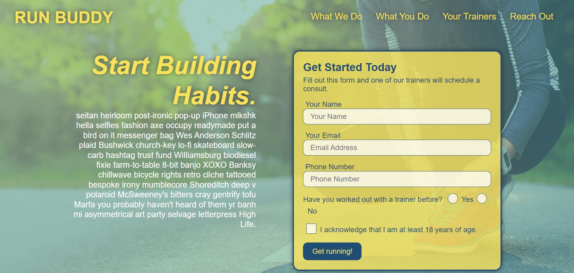 A screenshot of the website Run Buddy. It includes the page's navigation bar, a 'Sign Up' form with interactive text box entry areas, and the background image of a runner bent down tying their shoes.